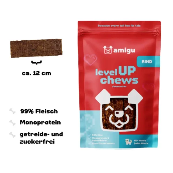 Level Up Chews Rind-Kaustreifen, um die Verpackung verteilt – natürliche Fleischstreifen für Hunde.