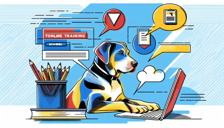 Ein Hund sitzt aufmerksam vor einem Laptop, während auf dem Bildschirm eine virtuelle Hundeschule zu sehen ist – symbolisiert digitales Hundetraining und Online-Lernerfahrungen für Hundehalter.