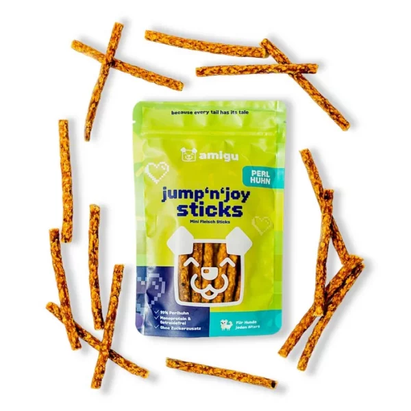 Verpackung der Jump'n'Joy Sticks Perlhuhn-Fleischsticks für Hunde – 100g, Monoprotein, getreide- und zuckerfrei.