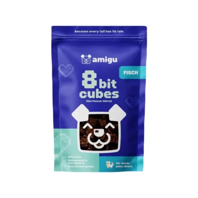 Verpackung der 8-Bit Cubes Fisch-Leckerli für Hunde – 100g, Monoprotein, getreide- und zuckerfrei.