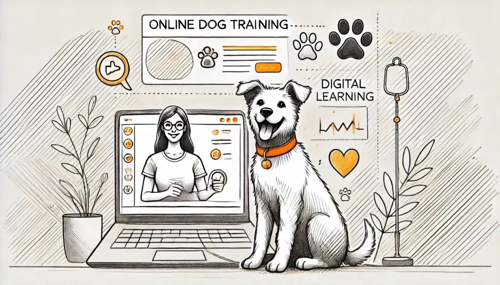 Hund sitzt vor einem Laptop und verfolgt eine Online-Hundeschule – beste Online-Hundeschule und Erfahrungen im virtuellen Hundetraining.