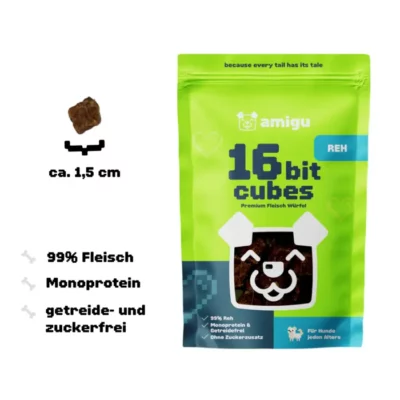 Nahaufnahme eines 1,5 cm großen Reh-Würfels – ideal als Belohnung und Snack.