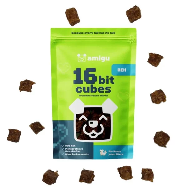 Verpackung der 16-Bit Cubes Reh-Leckerli für Hunde – 100g, Monoprotein, getreide- und zuckerfrei.